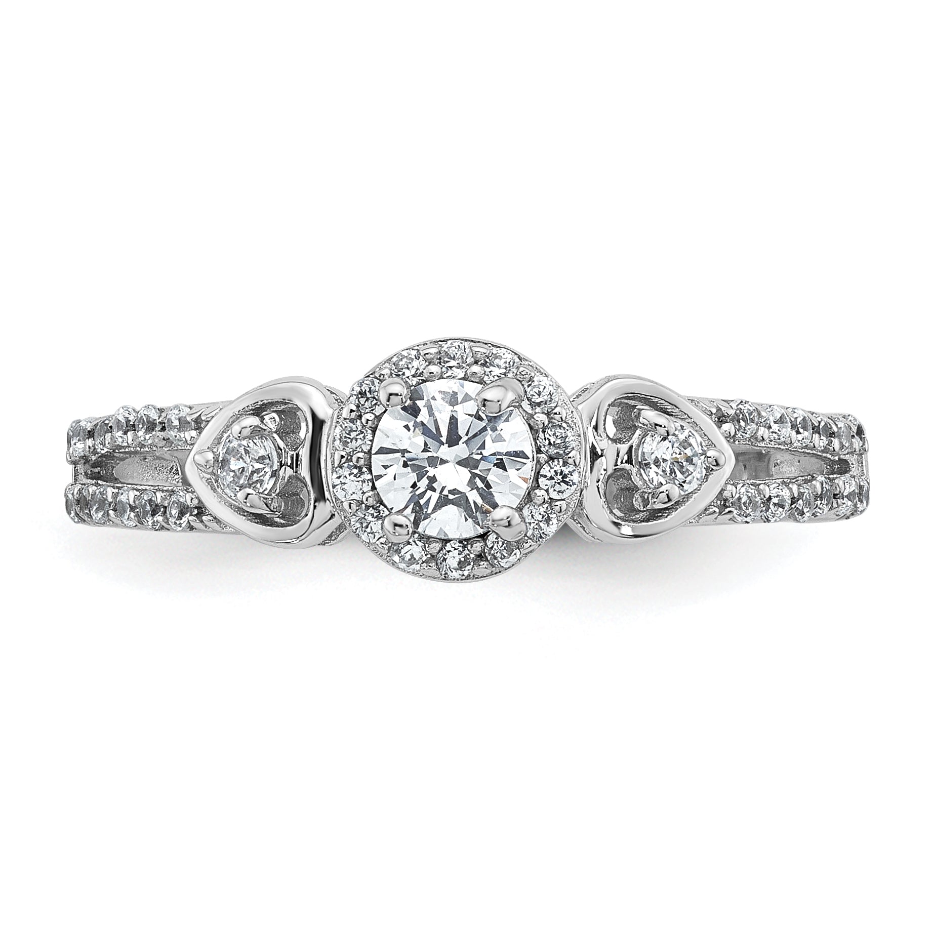 Sterling Silver Rhodium-plated Polished Round CZ Halo Double Side Heart Split Shank Size 8 Ring