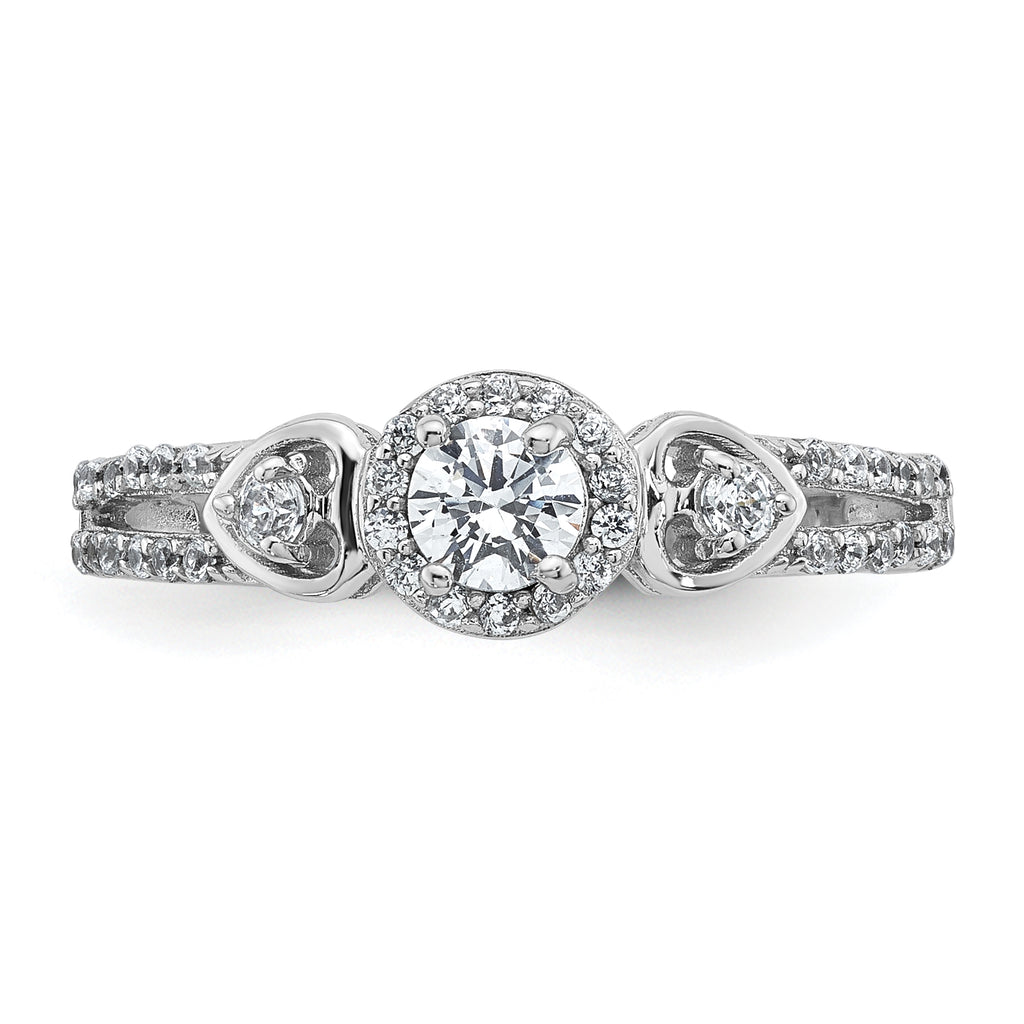 Sterling Silver Rhodium-plated Polished Round CZ Halo Double Side Heart Split Shank Size 8 Ring