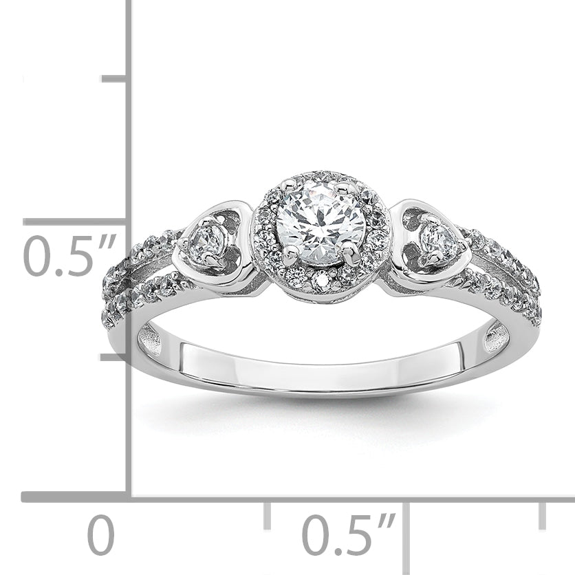 Sterling Silver Rhodium-plated Polished Round CZ Halo Double Side Heart Split Shank Size 8 Ring