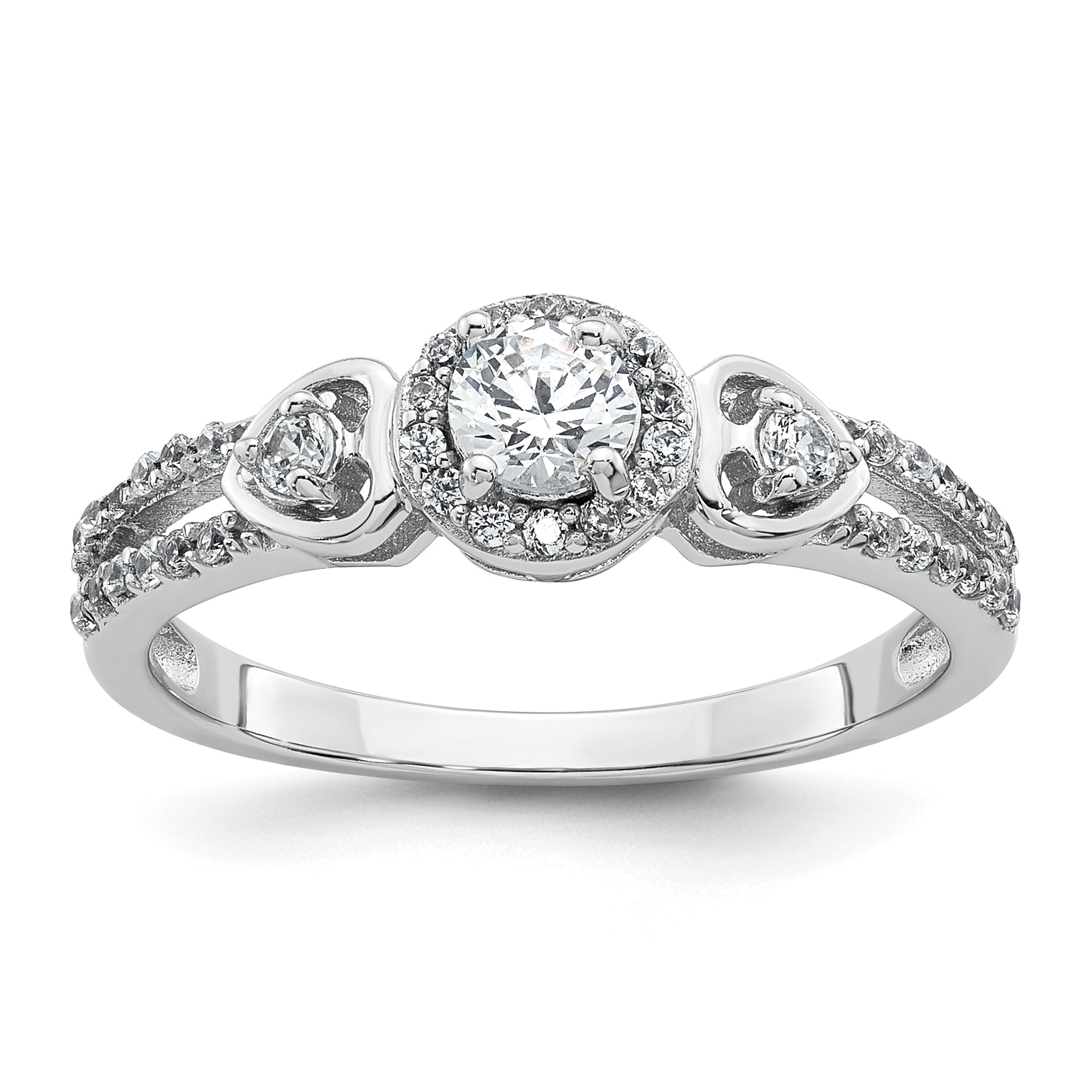 Sterling Silver Rhodium-plated Polished Round CZ Halo Double Side Heart Split Shank Size 8 Ring Main image