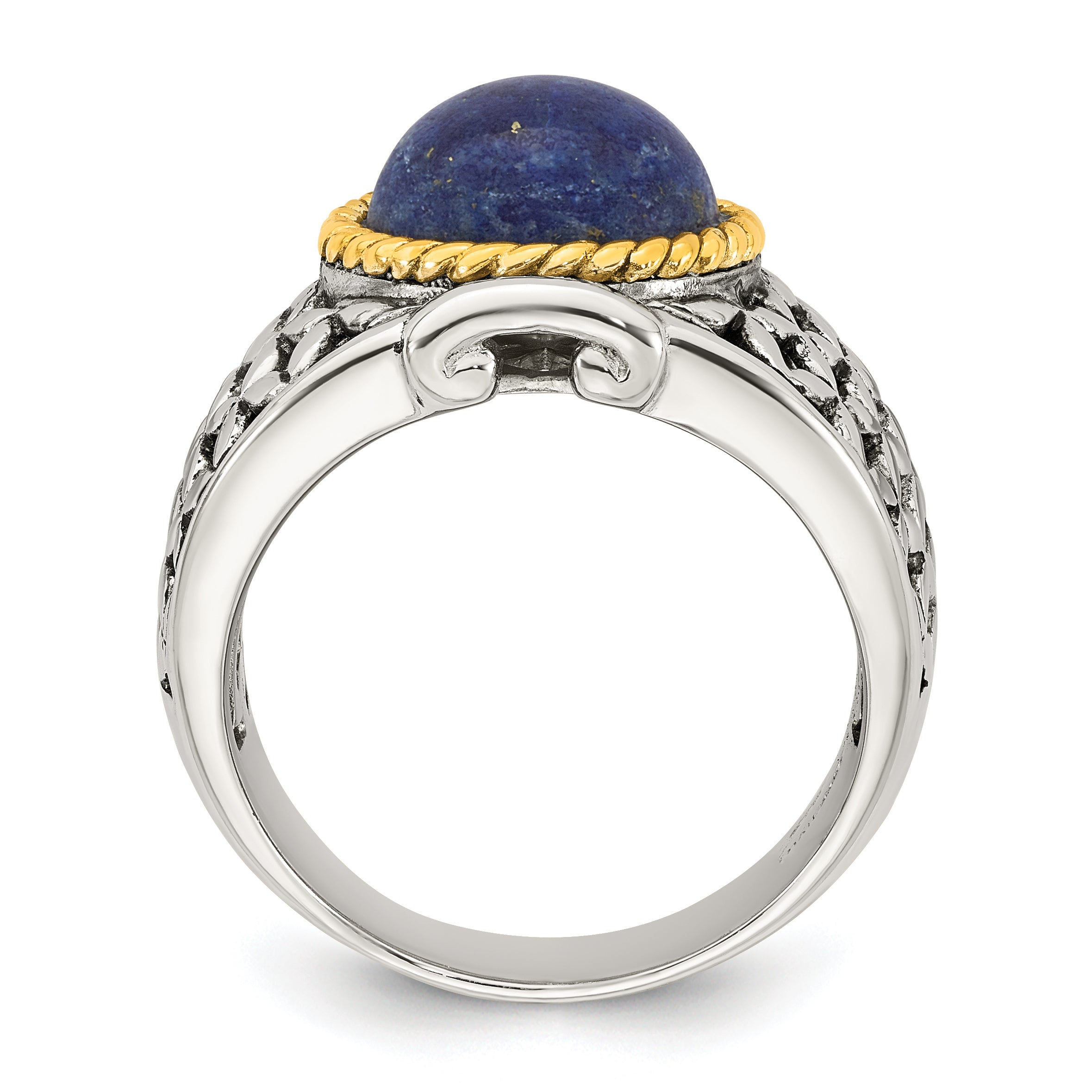 Sterling Silver Antiqued with Gold-plated Accent Polished Round Lapis Cabochon Woven Pattern Ring Secondary image