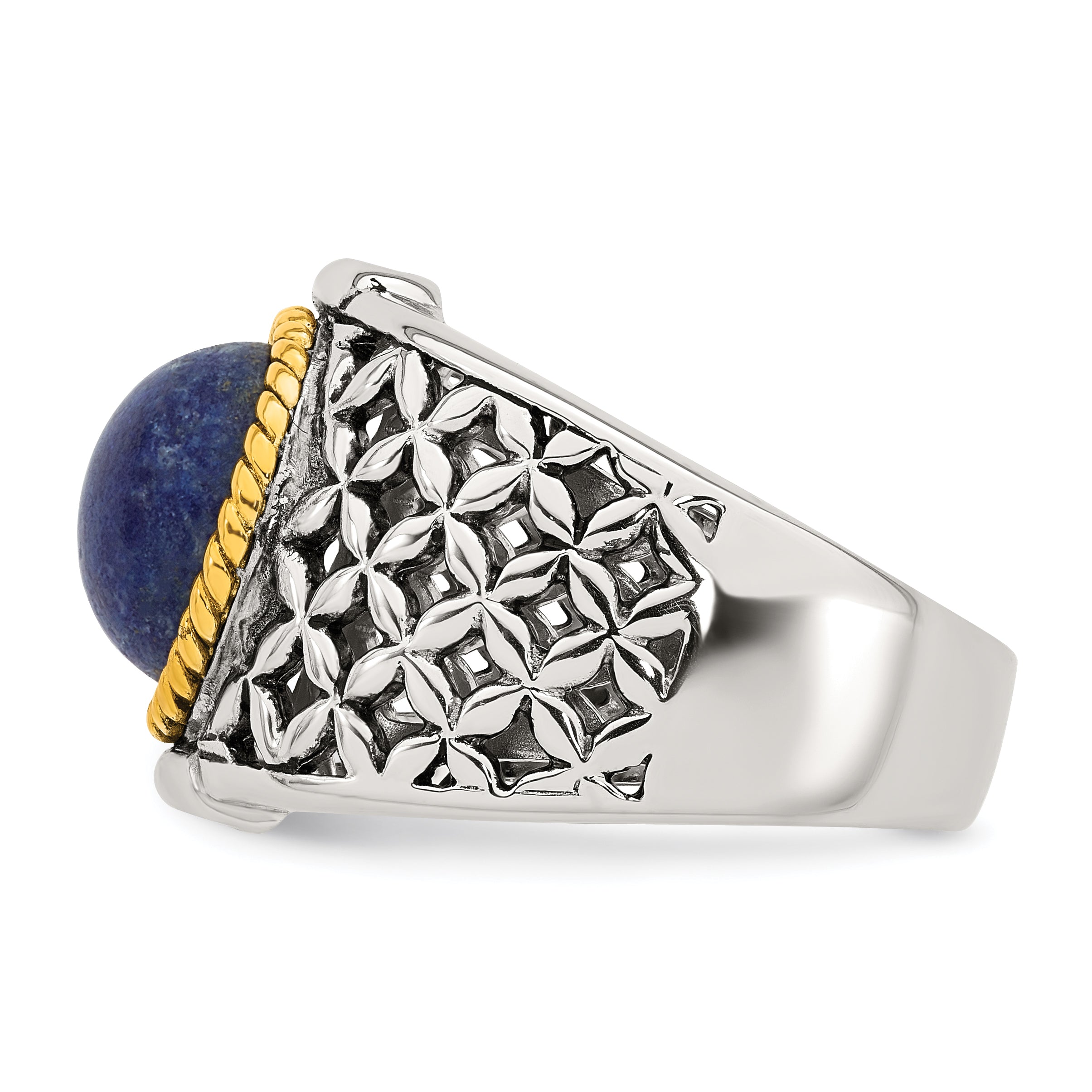 Sterling Silver Antiqued with Gold-plated Accent Polished Round Lapis Cabochon Woven Pattern Ring