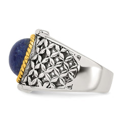 Sterling Silver Antiqued with Gold-plated Accent Polished Round Lapis Cabochon Woven Pattern Ring