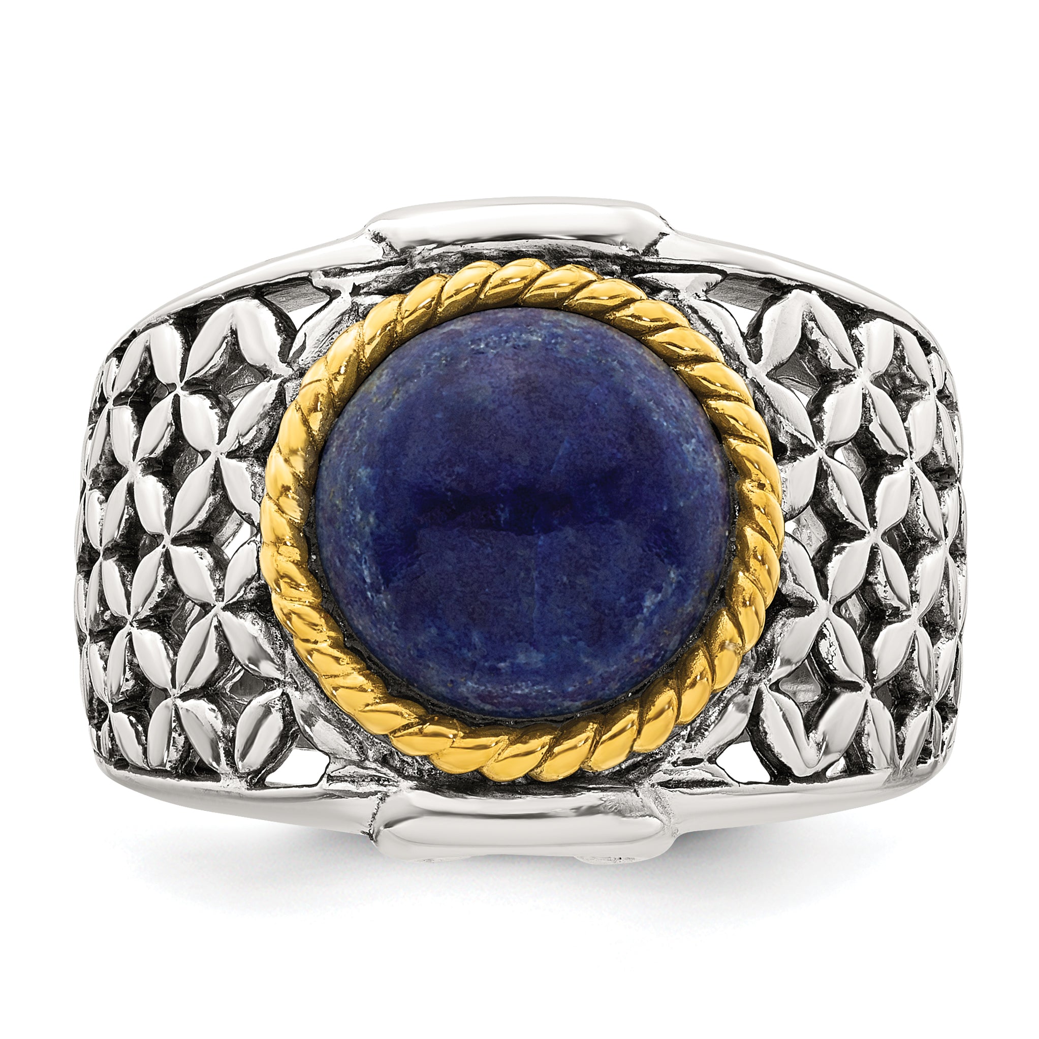 Sterling Silver Antiqued with Gold-plated Accent Polished Round Lapis Cabochon Woven Pattern Ring