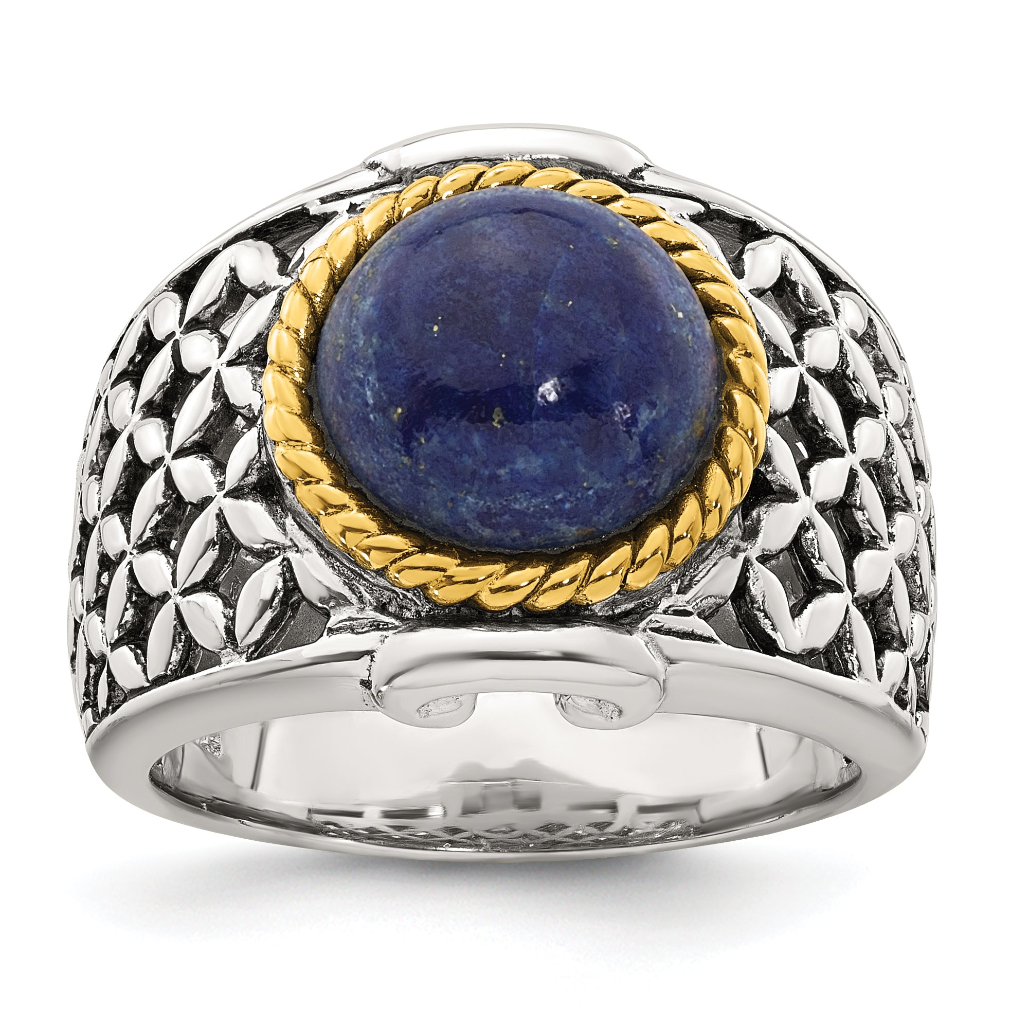 Sterling Silver Antiqued with Gold-plated Accent Polished Round Lapis Cabochon Woven Pattern Ring Main image