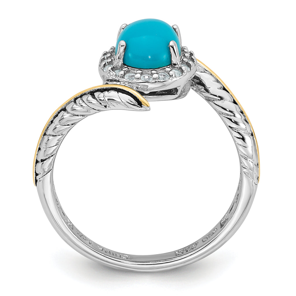 Sterling Silver Rhodium-Plated with 14k Feather Accent Polished Reconstructed Turquoise Cabochon and White Topaz Ring