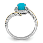 Sterling Silver Rhodium-Plated with 14k Feather Accent Polished Reconstructed Turquoise Cabochon and White Topaz Ring
