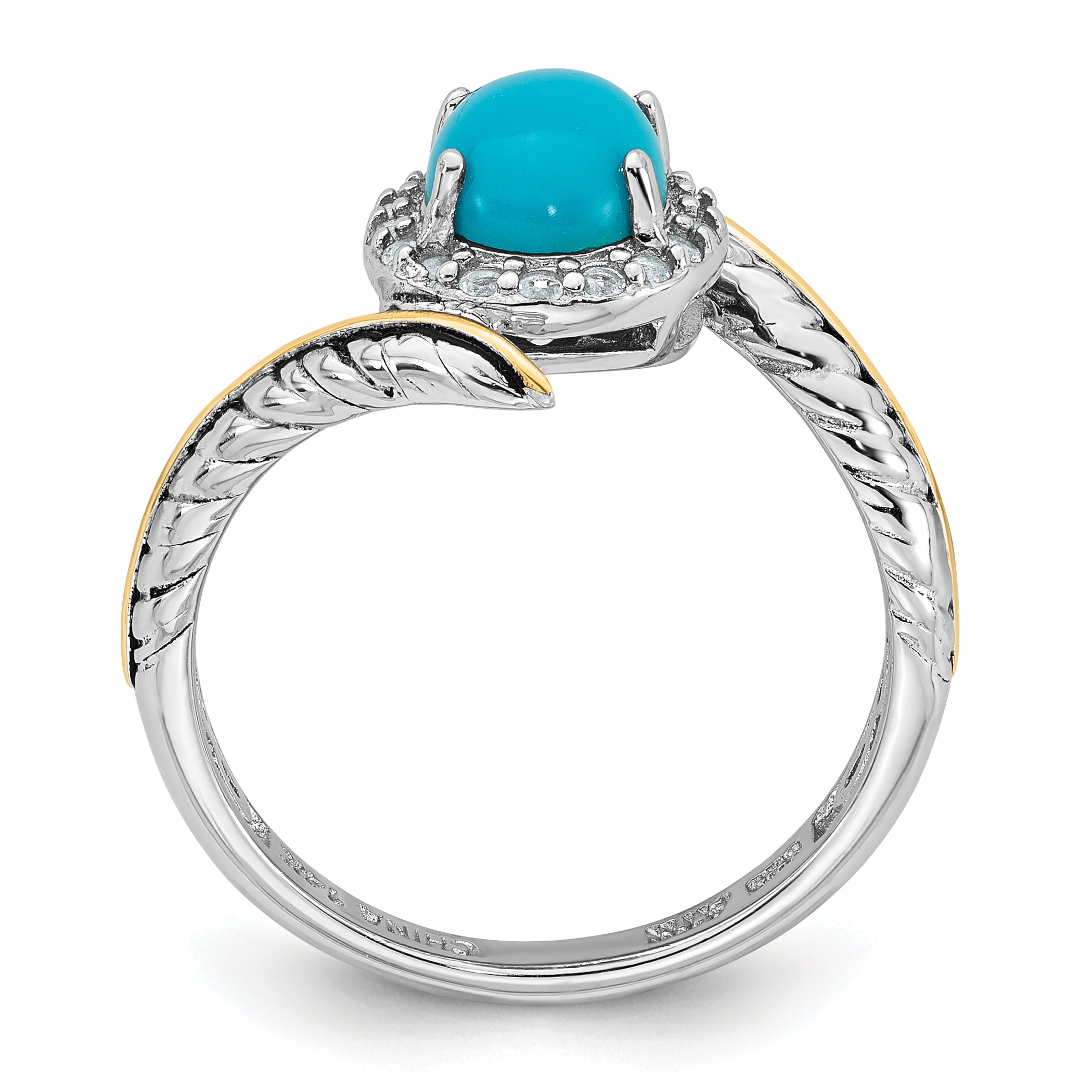 Sterling Silver Rhodium-Plated with 14k Feather Accent Polished Reconstructed Turquoise Cabochon and White Topaz Ring