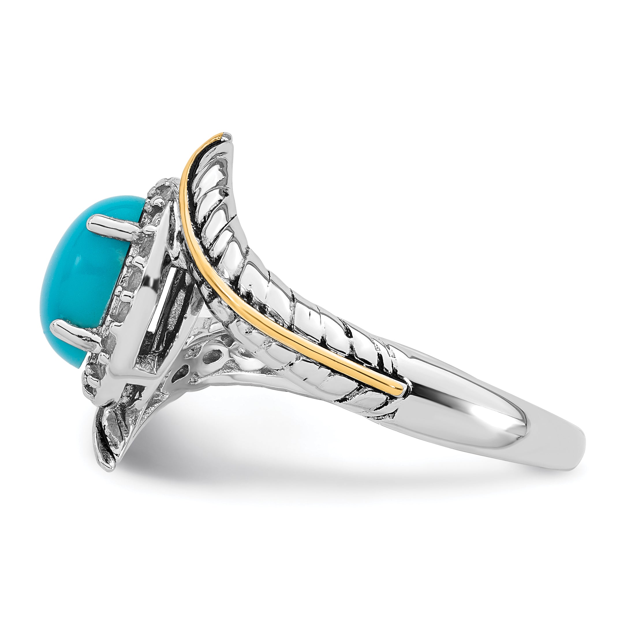 Sterling Silver Rhodium-Plated with 14k Feather Accent Polished Reconstructed Turquoise Cabochon and White Topaz Ring