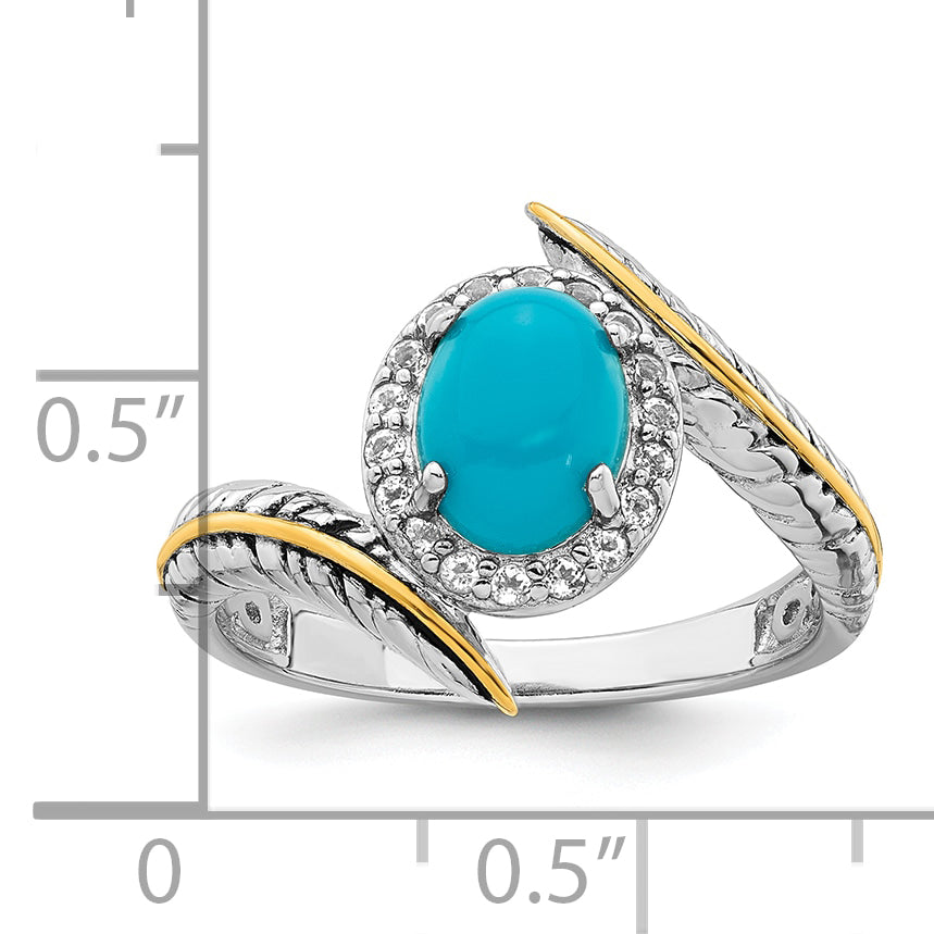 Sterling Silver Rhodium-Plated with 14k Feather Accent Polished Reconstructed Turquoise Cabochon and White Topaz Ring
