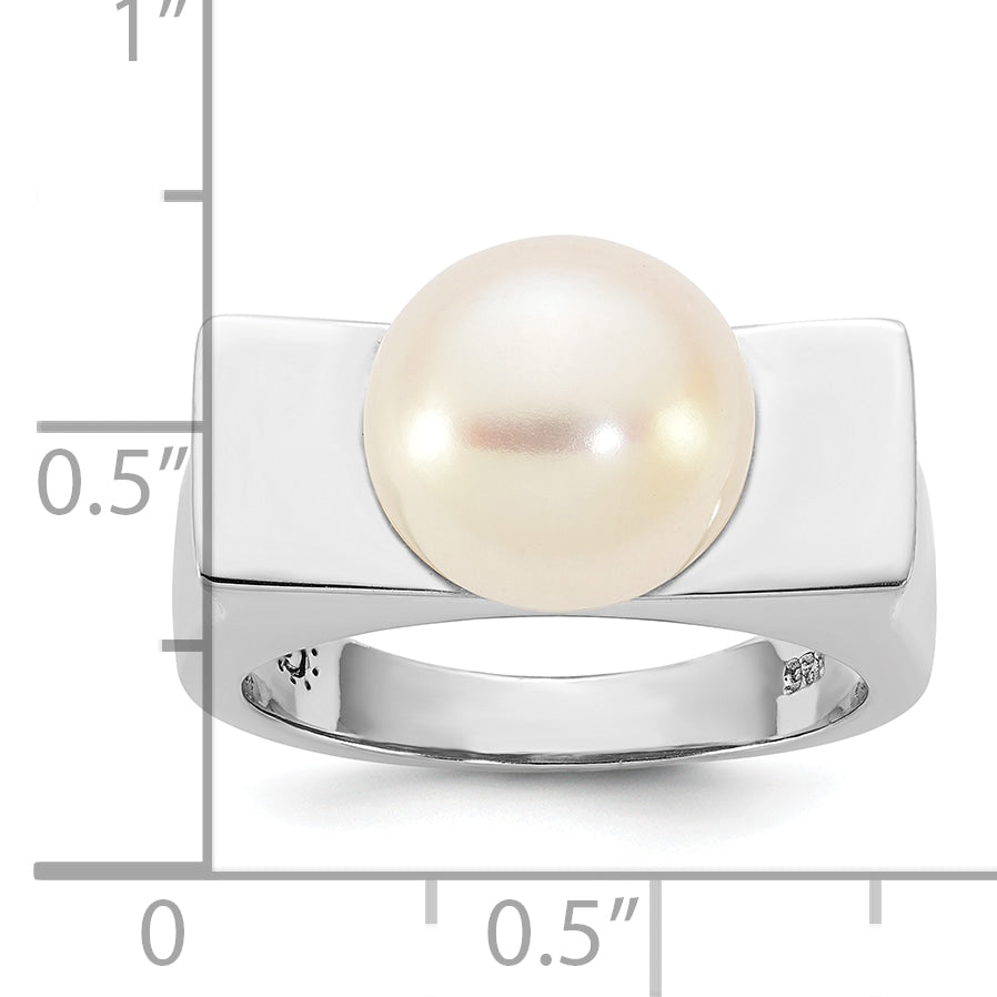 Sterling Silver Rhodium-plated 10-11mm Button White Freshwater Cultured Pearl Square Top Size 8 Ring