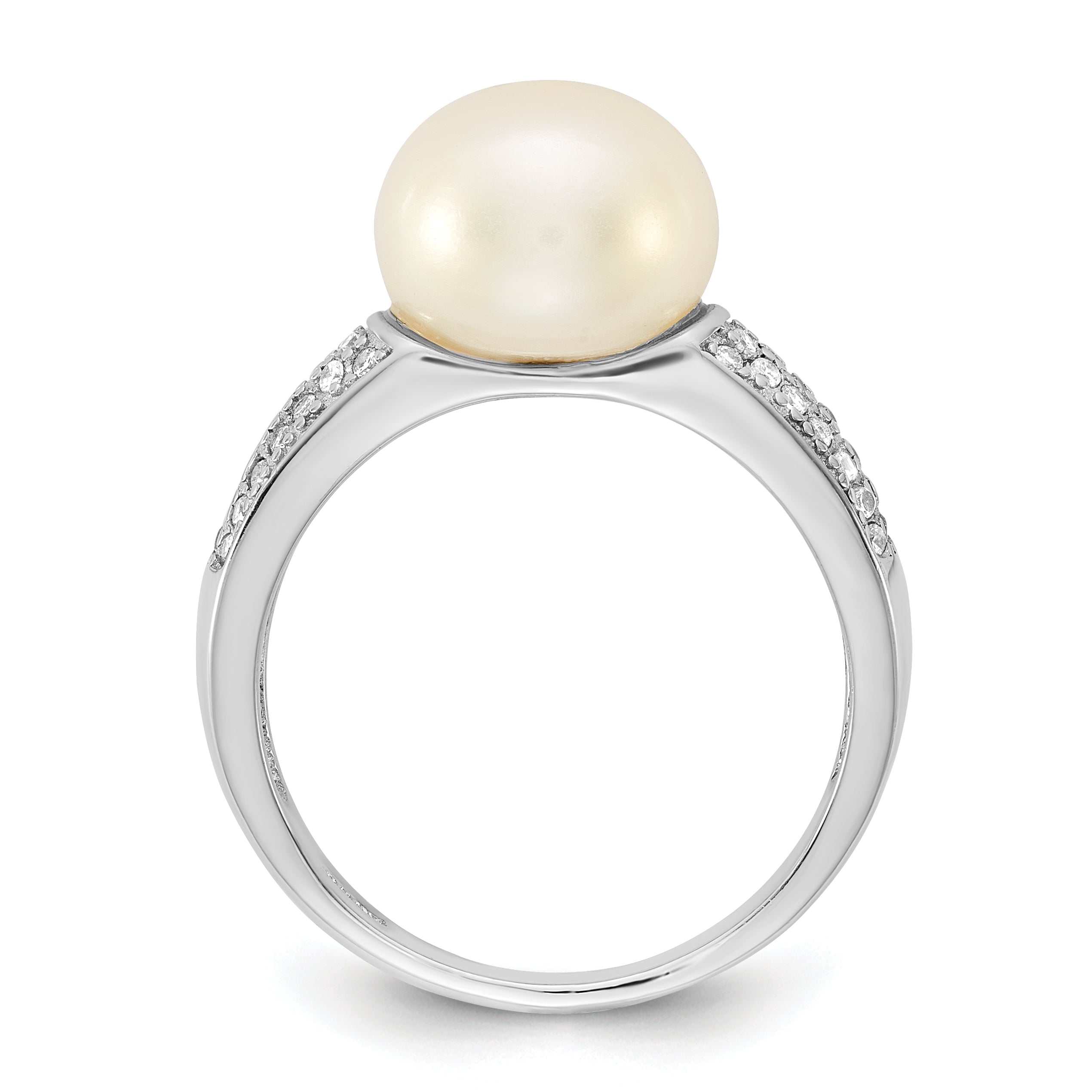 Sterling Silver Rhodium-plated 9-10mm Button White Freshwater Cultured Pearl and CZ Size 6 Ring Secondary image