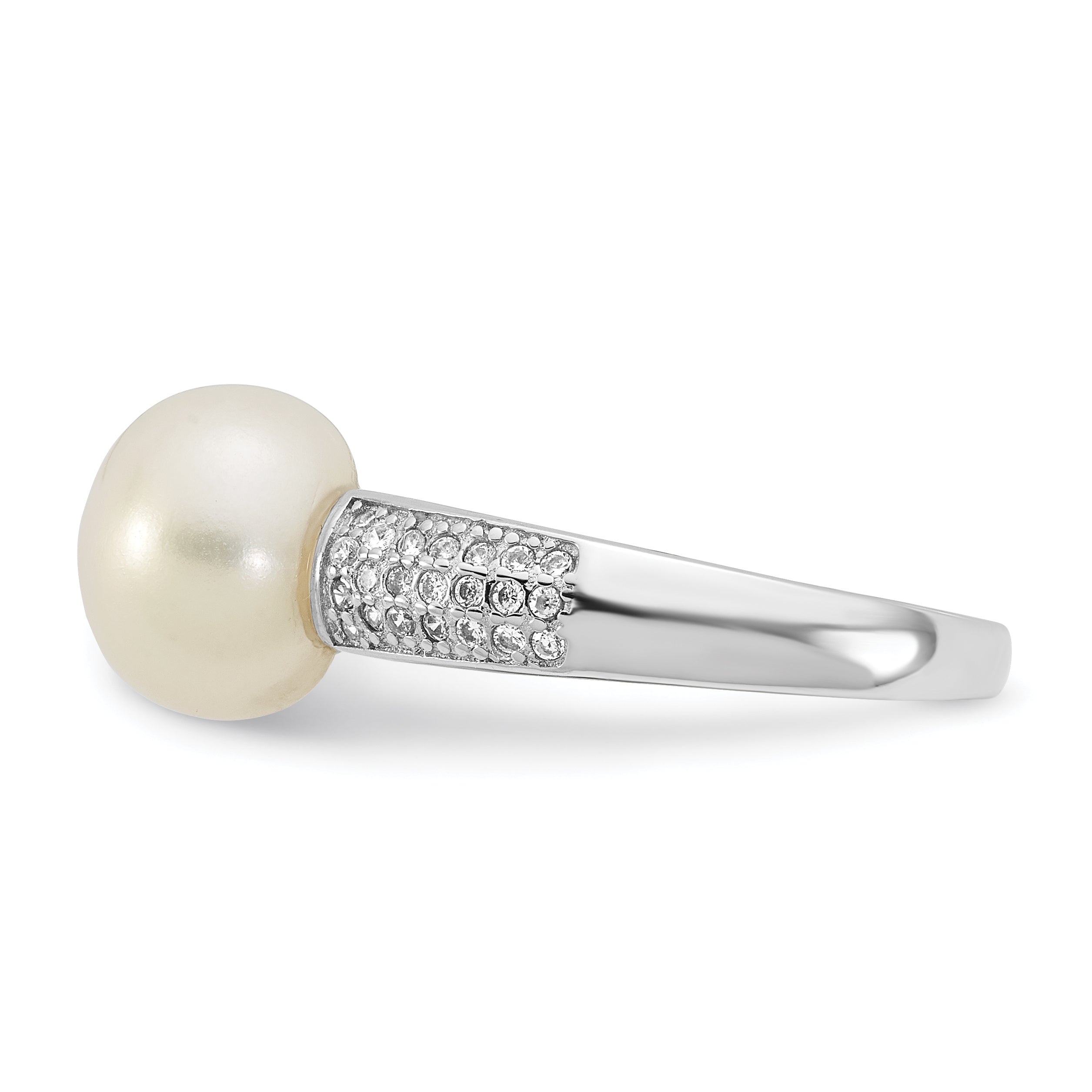 Sterling Silver Rhodium-plated 9-10mm Button White Freshwater Cultured Pearl and CZ Size 8 Ring