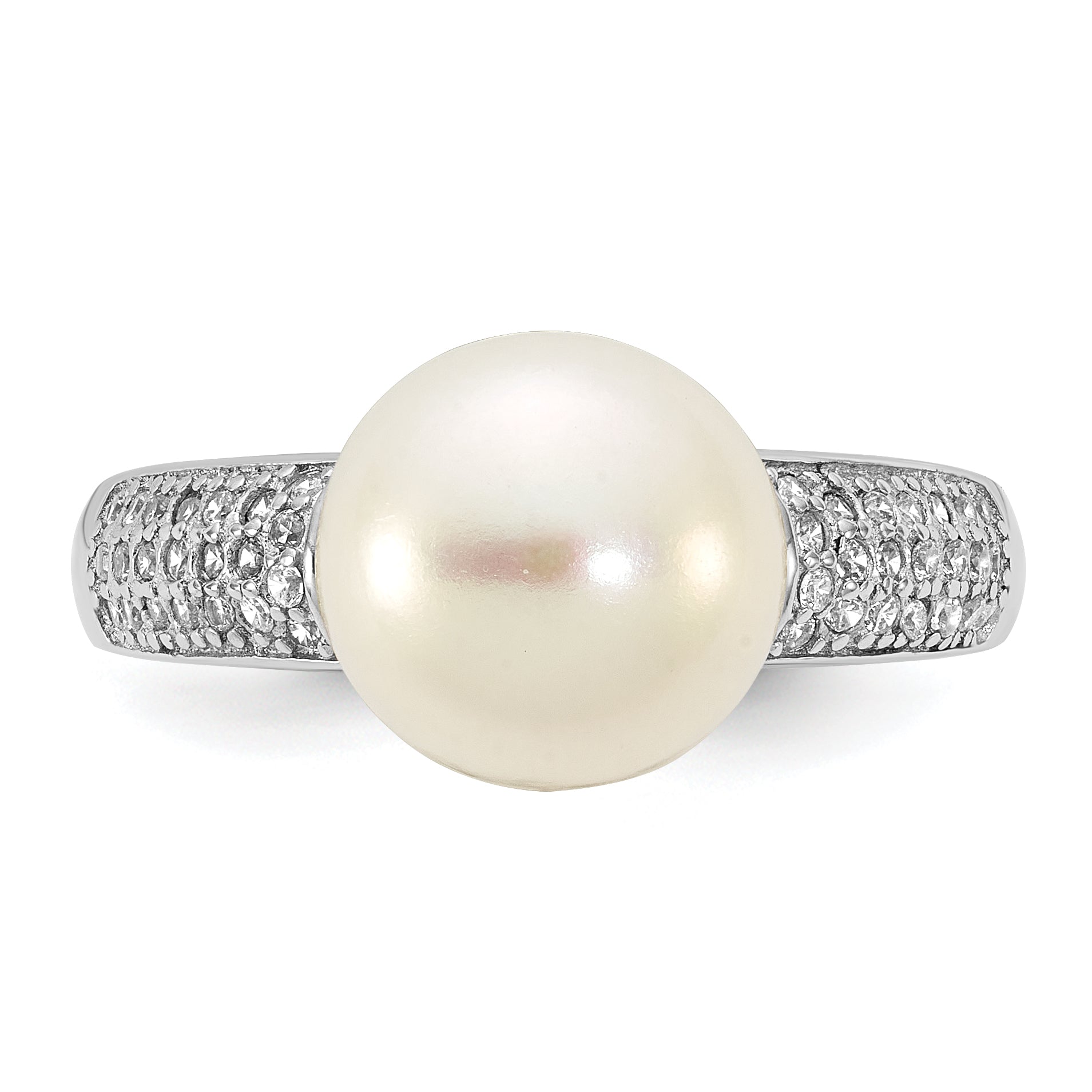 Sterling Silver Rhodium-plated 9-10mm Button White Freshwater Cultured Pearl and CZ Size 8 Ring
