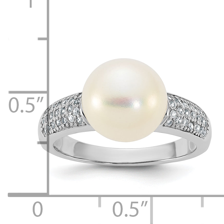 Sterling Silver Rhodium-plated 9-10mm Button White Freshwater Cultured Pearl and CZ Size 8 Ring