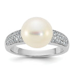 Sterling Silver Rhodium-plated 9-10mm Button White Freshwater Cultured Pearl and CZ Size 8 Ring