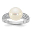 Sterling Silver Rhodium-plated 9-10mm Button White Freshwater Cultured Pearl and CZ Size 8 Ring