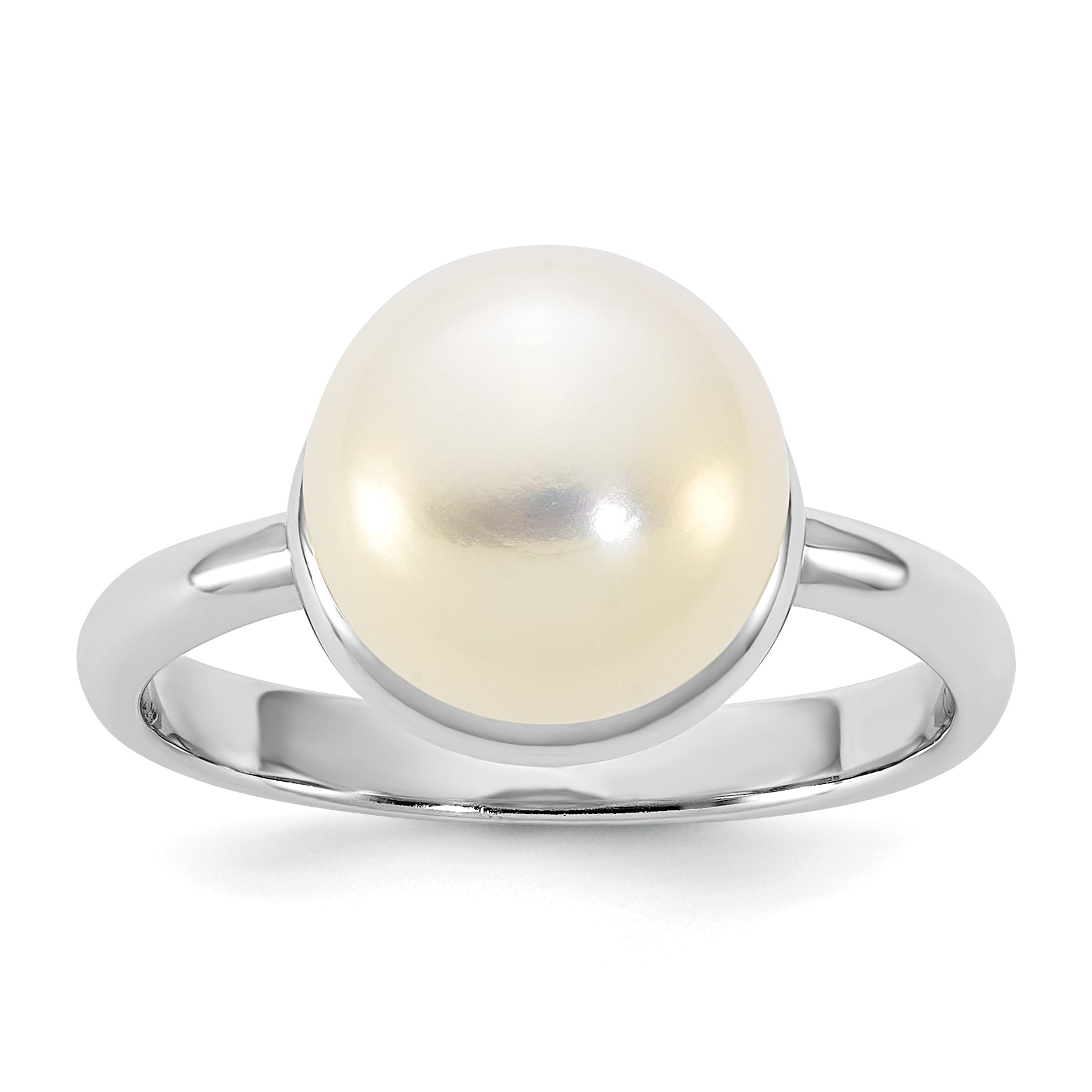 Sterling Silver Rhodium-plated 10-11mm Button White Freshwater Cultured Pearl Size 8 Ring