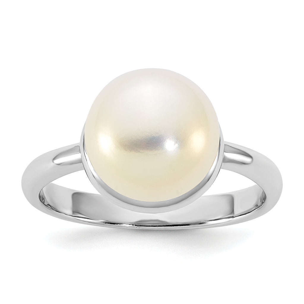 Sterling Silver Rhodium-plated 10-11mm Button White Freshwater Cultured Pearl Size 8 Ring