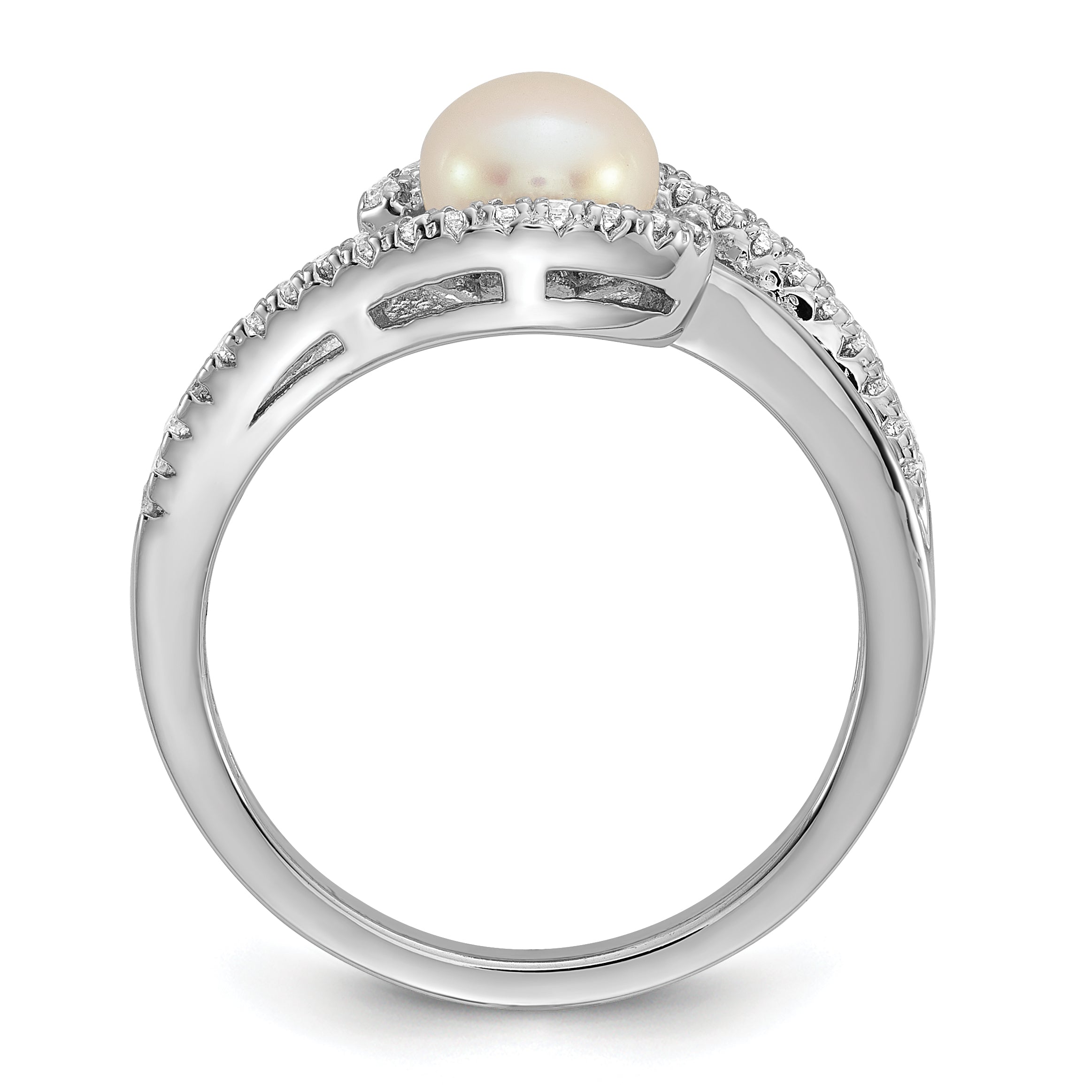 Sterling Silver Rhodium-plated Polished CZ and 6-7mm Freshwater Cultured Pearl Size 8 Ring