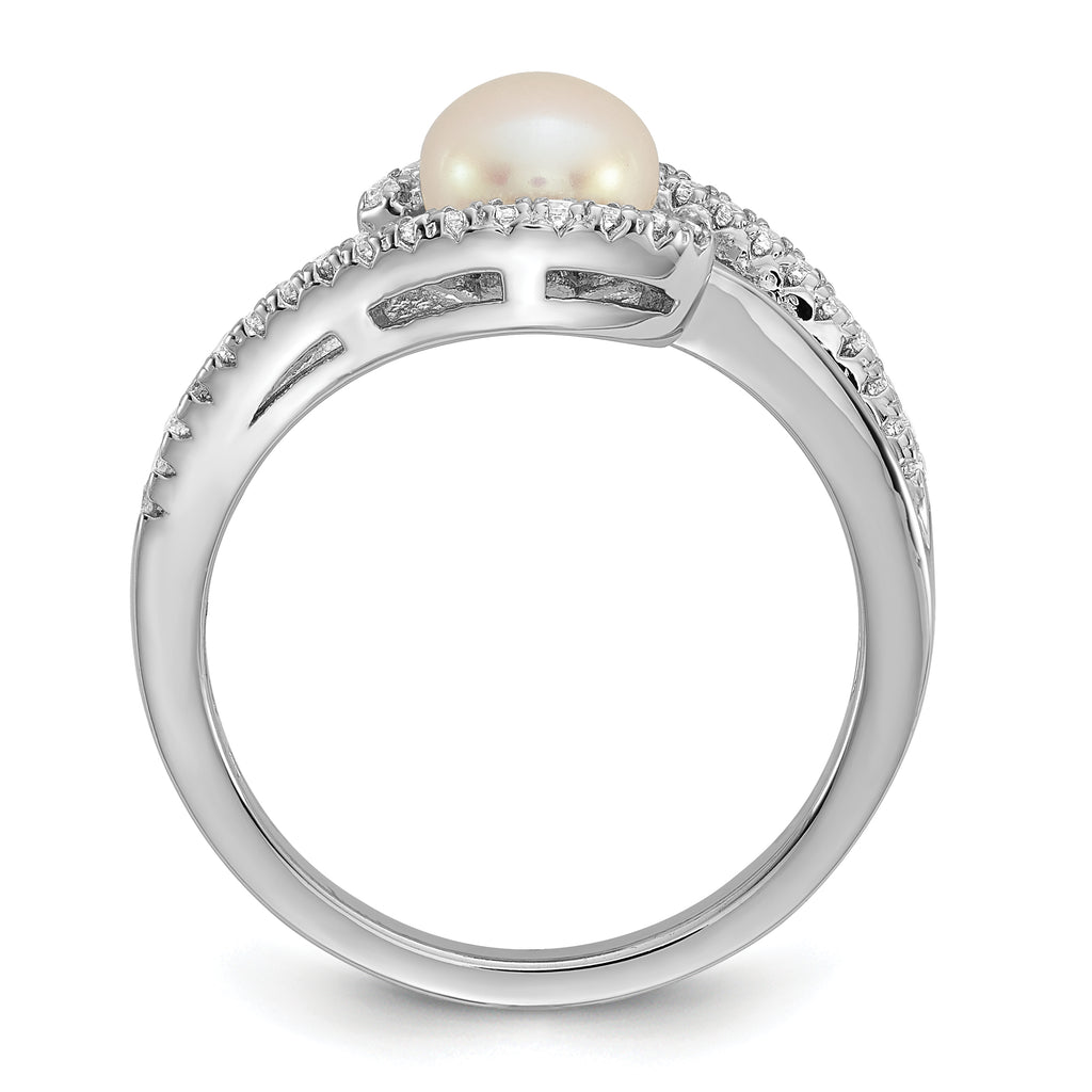 Sterling Silver Rhodium-plated Polished CZ and 6-7mm Freshwater Cultured Pearl Size 8 Ring
