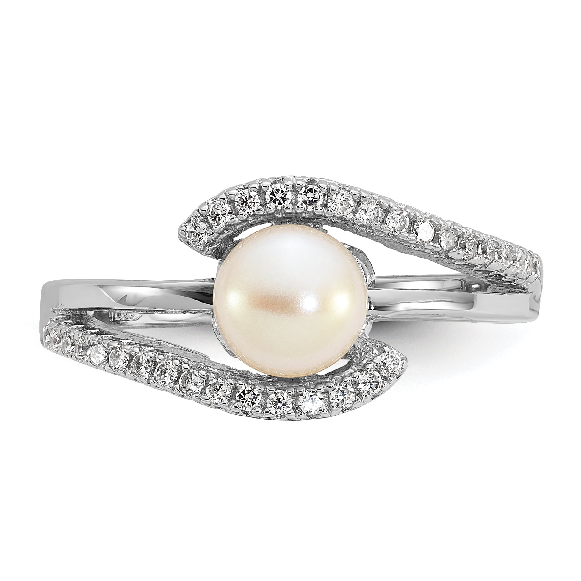 Sterling Silver Rhodium-plated Polished CZ and 6-7mm Freshwater Cultured Pearl Size 8 Ring