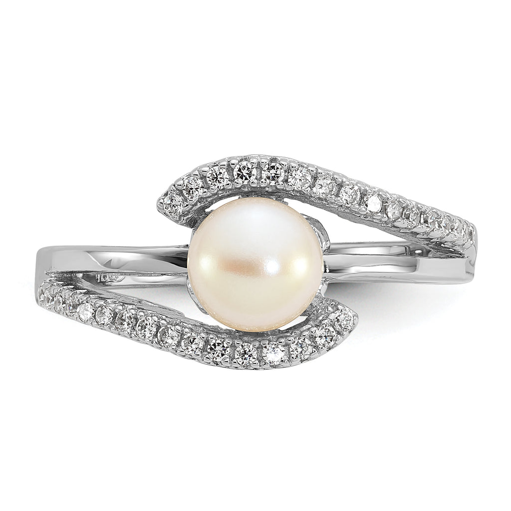 Sterling Silver Rhodium-plated Polished CZ and 6-7mm Freshwater Cultured Pearl Size 8 Ring