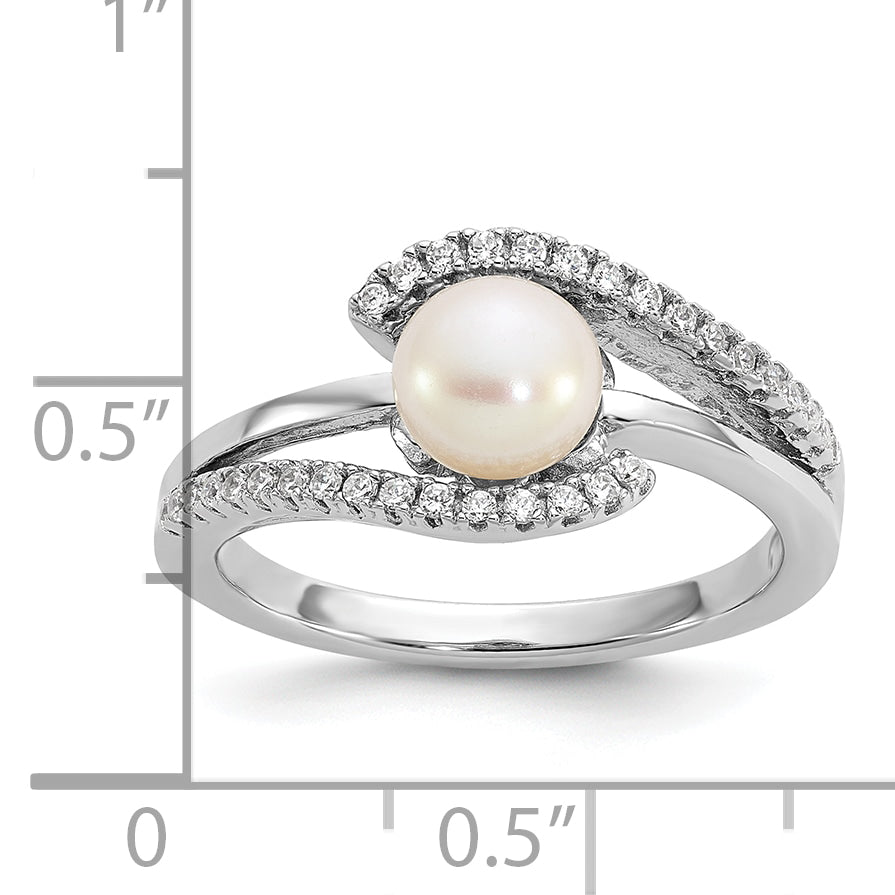 Sterling Silver Rhodium-plated Polished CZ and 6-7mm Freshwater Cultured Pearl Size 8 Ring
