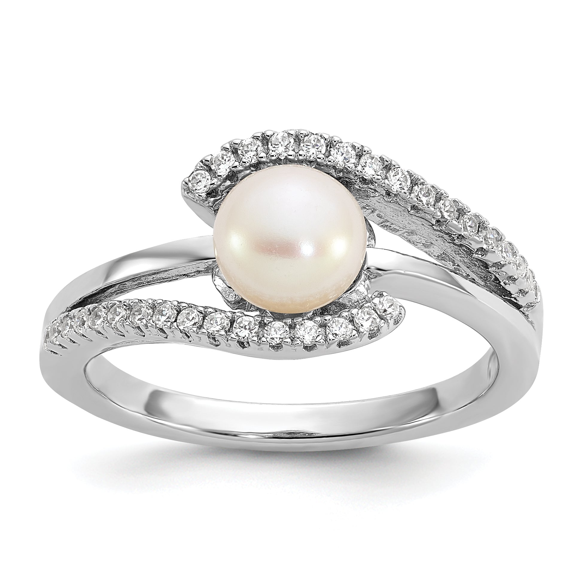 Sterling Silver Rhodium-plated Polished CZ and 6-7mm Freshwater Cultured Pearl Size 8 Ring Main image