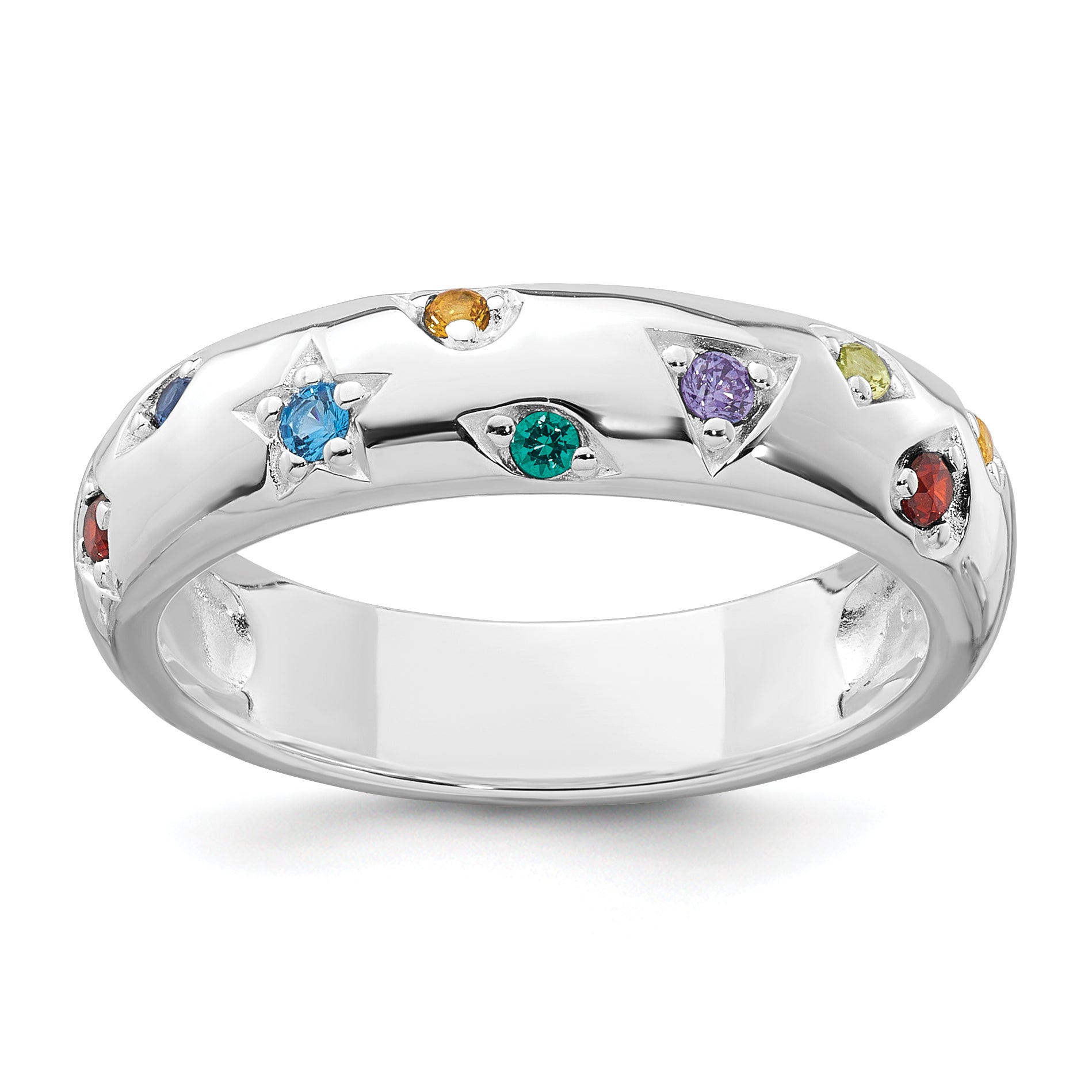 Sterling Silver Rhodium-Plated Polished Multicolor Cubic Zirconi Geometric Shapes 5.00mm Band Size 6 Ring
