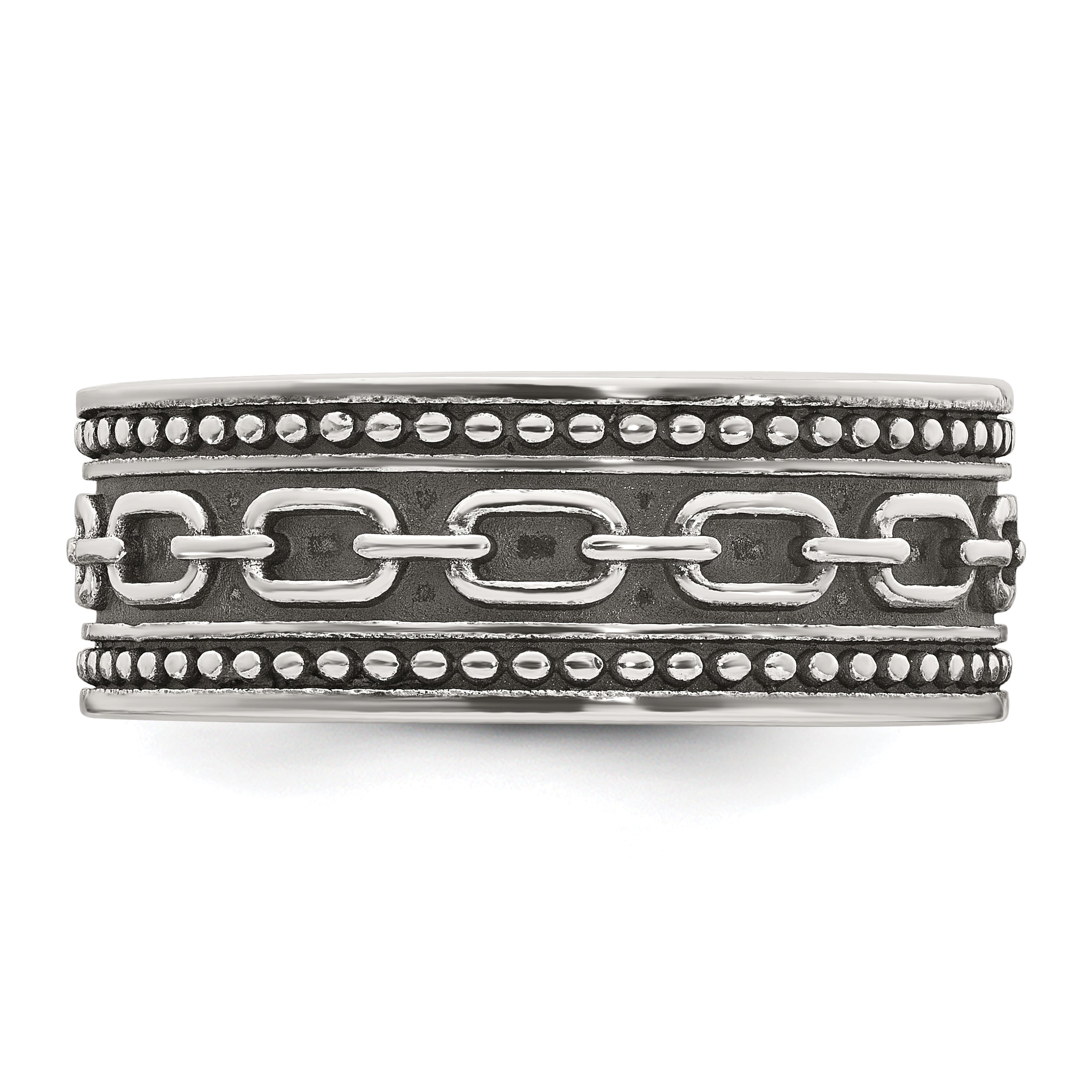 Sterling Silver Polished Beaded Antiqued Chain Link Band Size 11 Mens Ring