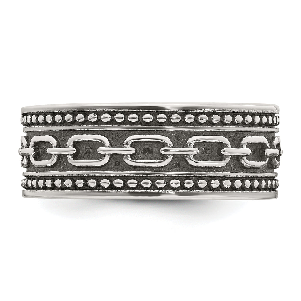 Sterling Silver Polished Beaded Antiqued Chain Link Band Size 11 Mens Ring