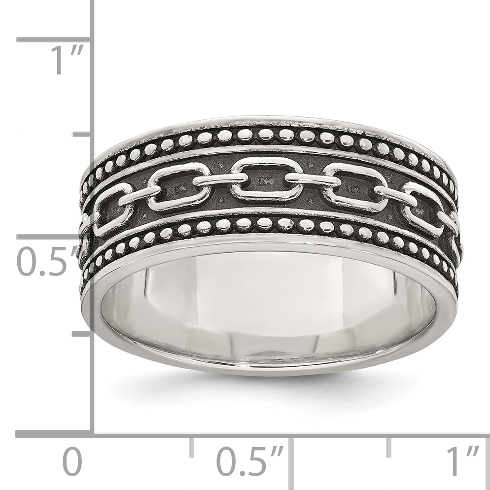 Sterling Silver Polished Beaded Antiqued Chain Link Band Size 11 Mens Ring
