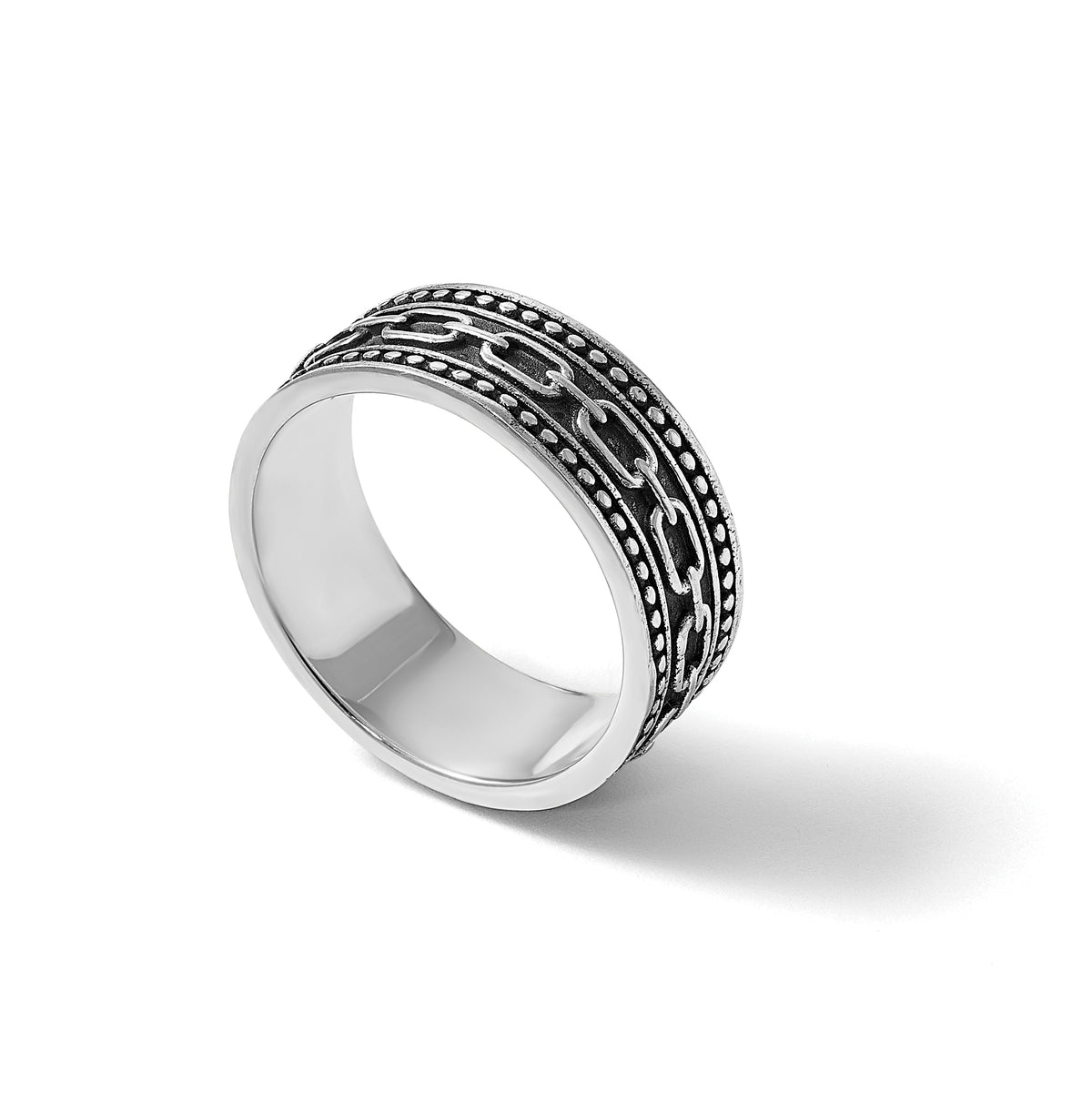 Sterling Silver Polished Beaded Antiqued Chain Link Band Mens Ring - Sophia Jewelers