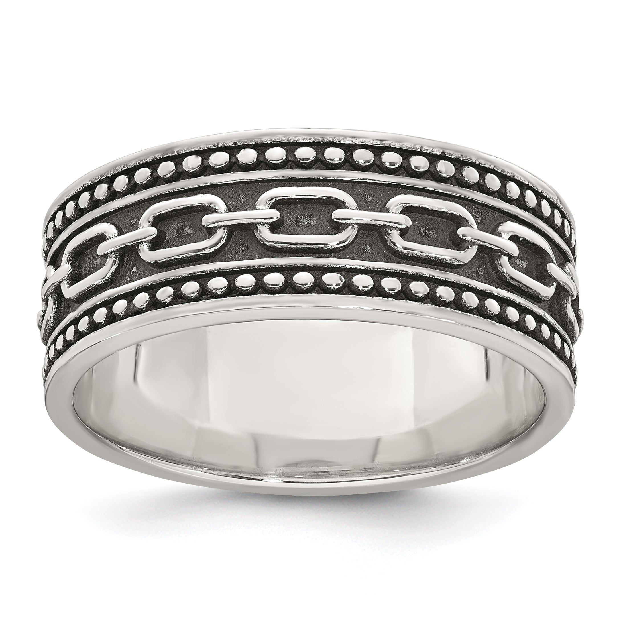 Sterling Silver Polished Beaded Antiqued Chain Link Band Size 11 Mens Ring