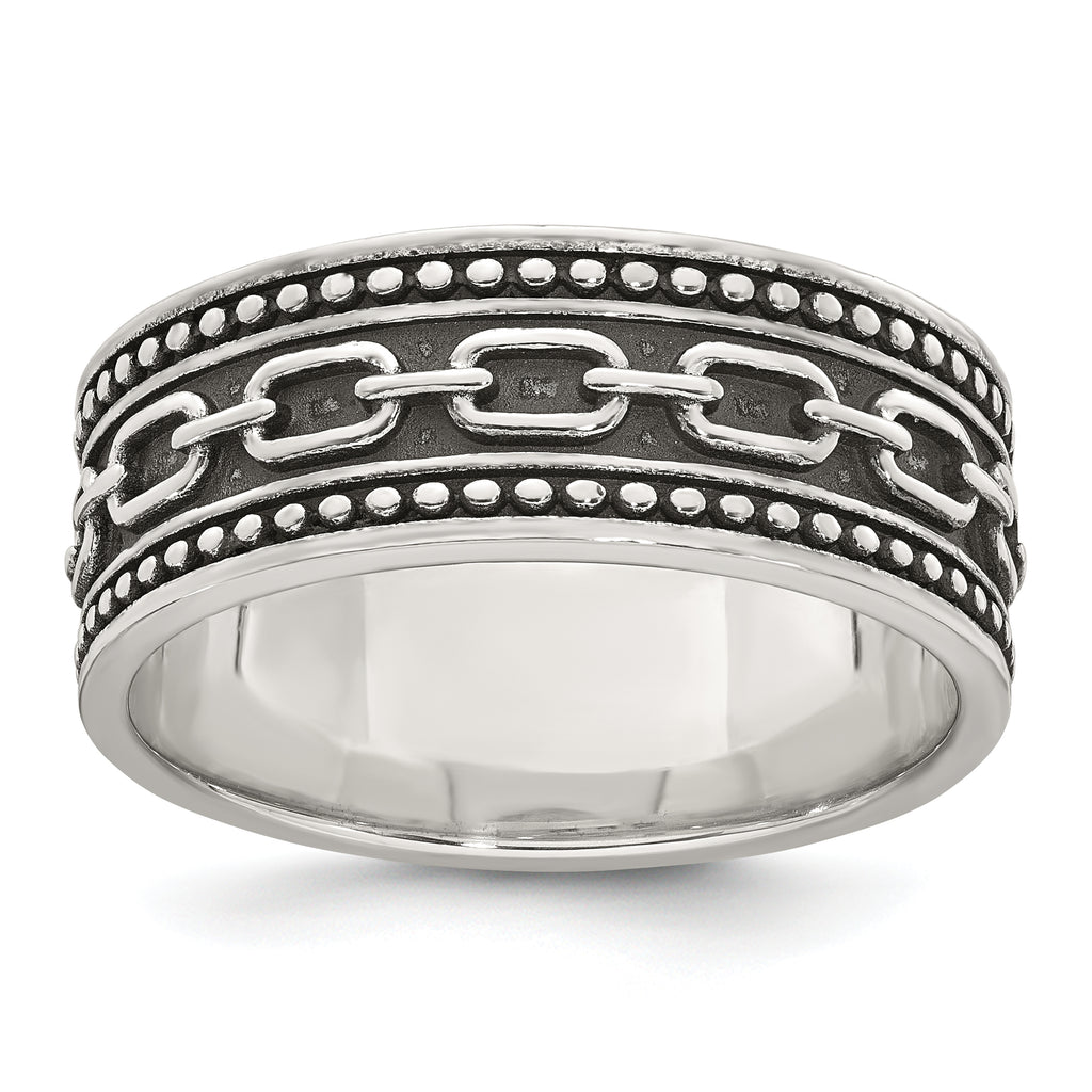 Sterling Silver Polished Beaded Antiqued Chain Link Band Size 11 Mens Ring
