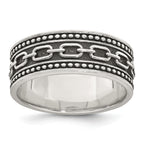 Sterling Silver Polished Beaded Antiqued Chain Link Band Size 11 Mens Ring