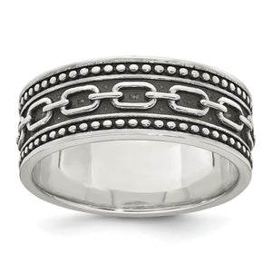 Sterling Silver Polished Beaded Antiqued Chain Link Band Mens Ring - Sophia Jewelers