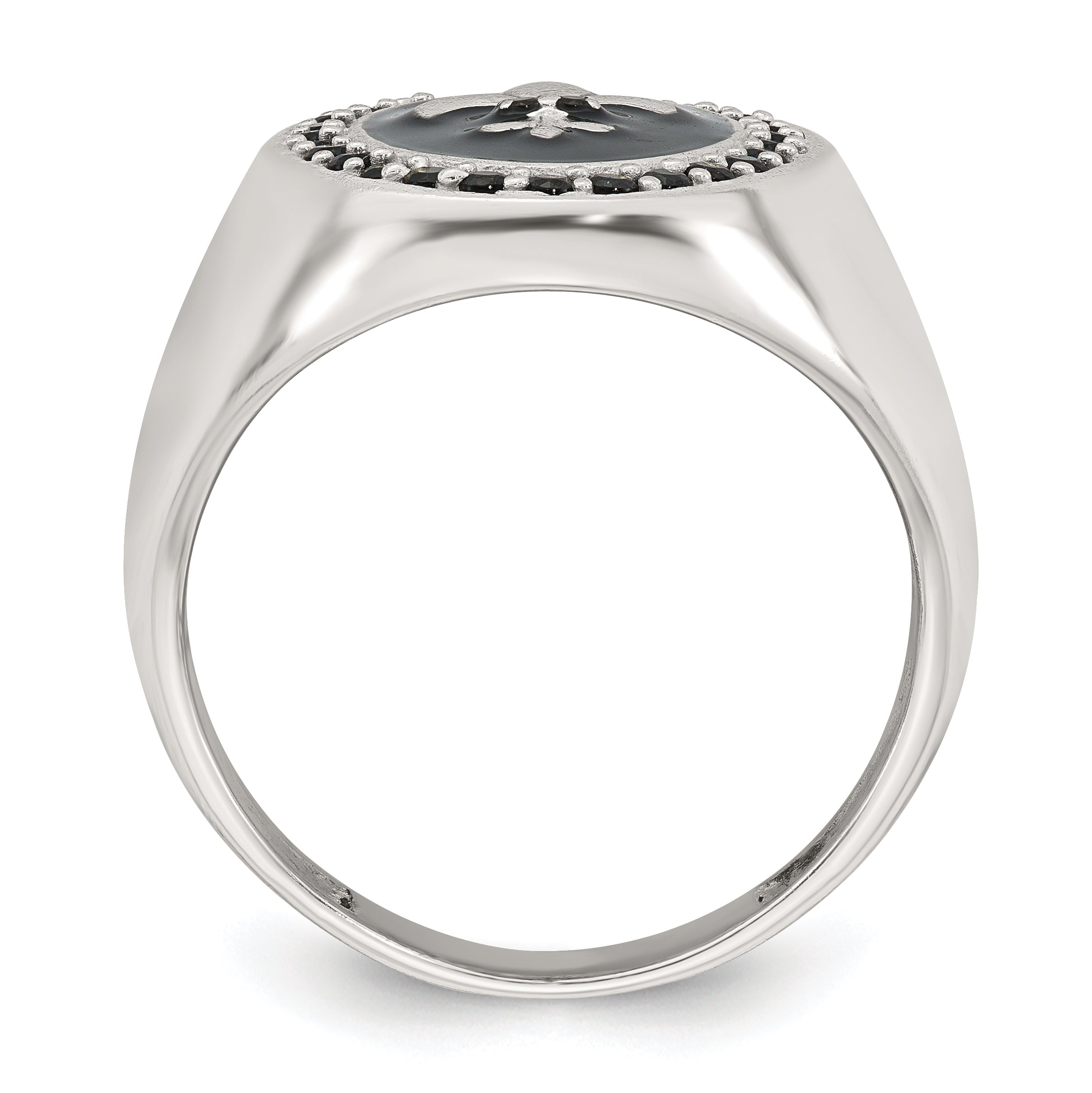 Sterling Silver Polished Fleur de Lis Black Enameled and Black Nano Crystals Size 11 Mens Signet Ring