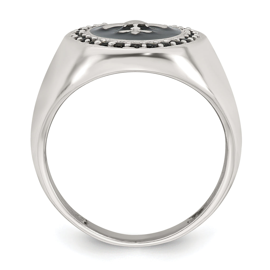 Sterling Silver Polished Fleur de Lis Black Enameled and Black Nano Crystals Size 11 Mens Signet Ring