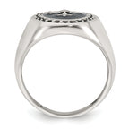 Sterling Silver Polished Fleur de Lis Black Enameled and Black Nano Crystals Size 11 Mens Signet Ring