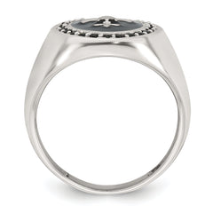Sterling Silver Polished Fleur de Lis Black Enameled and Black Nano Crystals Size 11 Mens Signet Ring