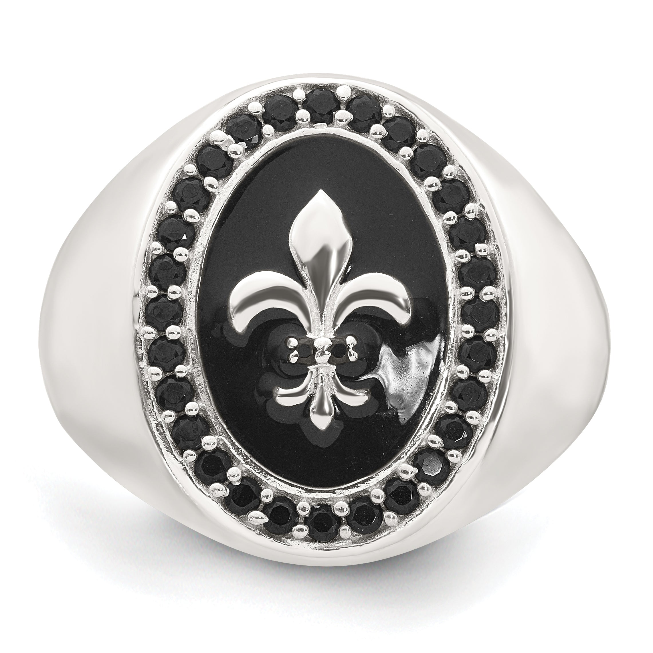 Sterling Silver Polished Fleur de Lis Black Enameled and Black Nano Crystals Size 11 Mens Signet Ring