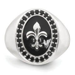 Sterling Silver Polished Fleur de Lis Black Enameled and Black Nano Crystals Size 11 Mens Signet Ring