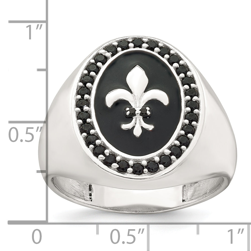 Sterling Silver Polished Fleur de Lis Black Enameled and Black Nano Crystals Size 11 Mens Signet Ring