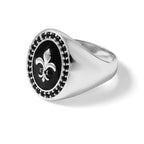 Sterling Silver Polished Fleur de Lis Black Enameled and Black Nano Crystals Size 11 Mens Signet Ring