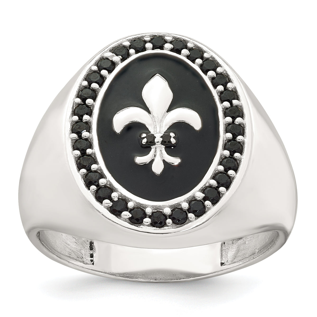 Sterling Silver Polished Fleur de Lis Black Enameled and Black Nano Crystals Size 11 Mens Signet Ring