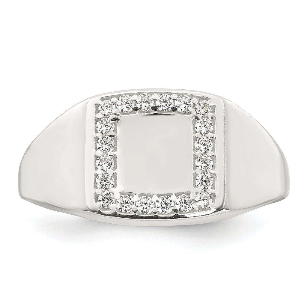 Sterling Silver Polished White Cubic Zirconi Square Border Size 9 Mens Signet Ring
