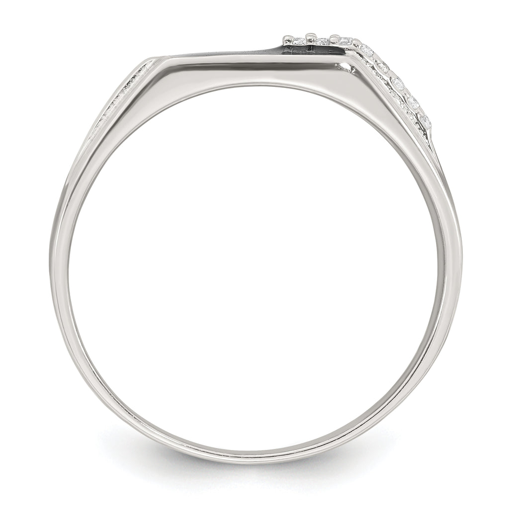 Sterling Silver Polished Black Enameled and White Cubic Zirconi Size 11 Mens Signet Ring