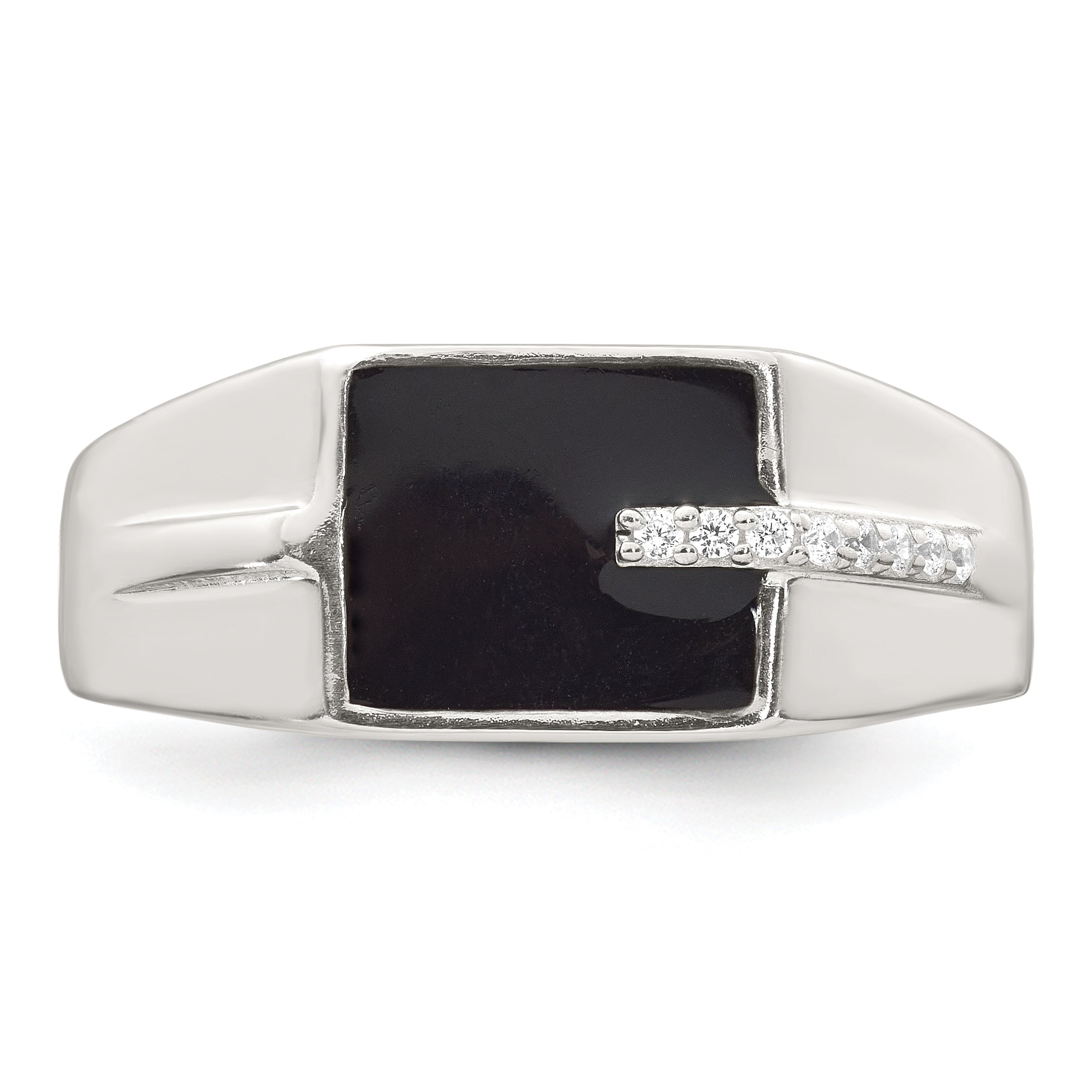 Sterling Silver Polished Black Enameled and White CZ Size 11 Mens Signet Ring